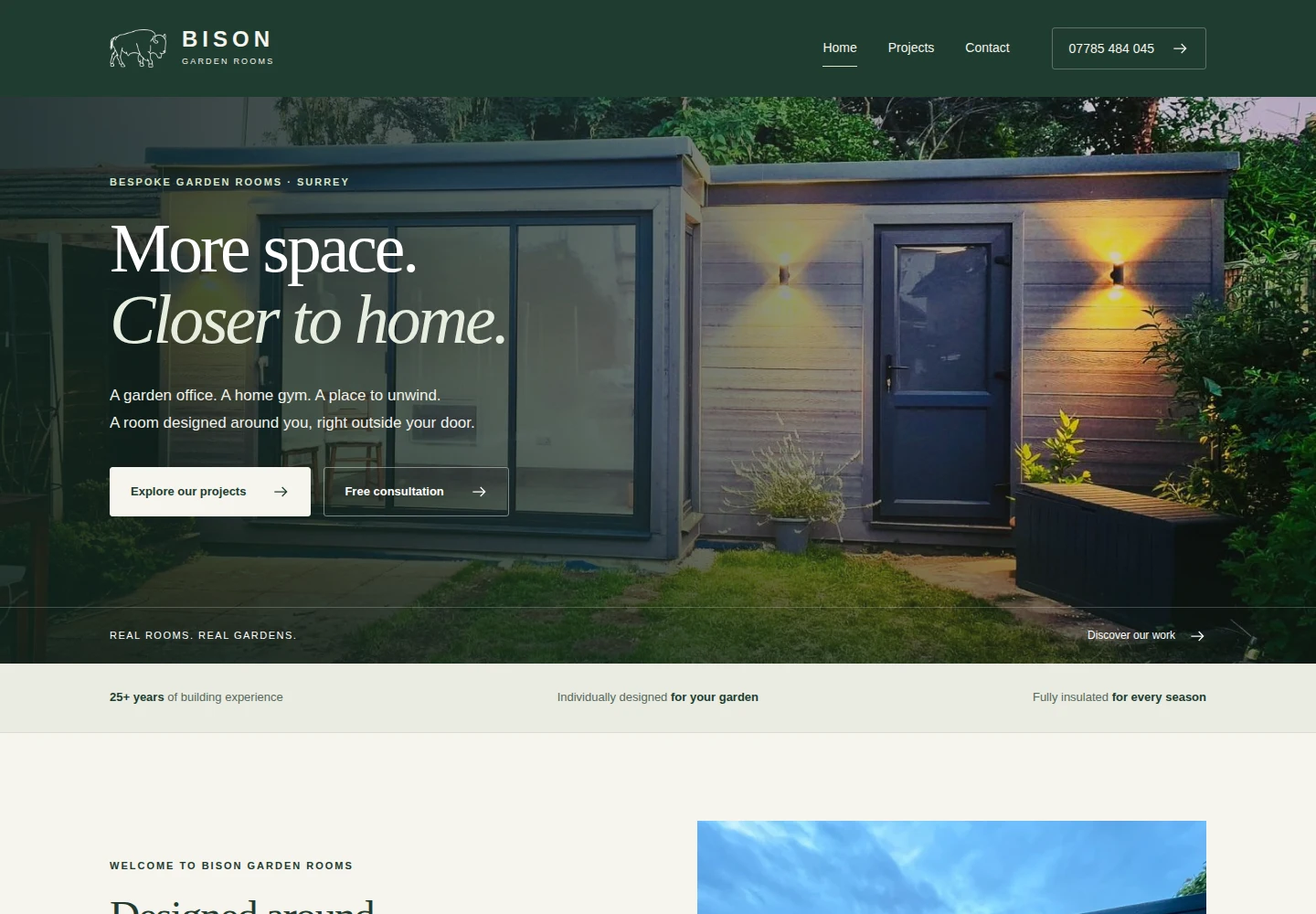 Bison Garden Rooms website with dark green branding and original garden room photography